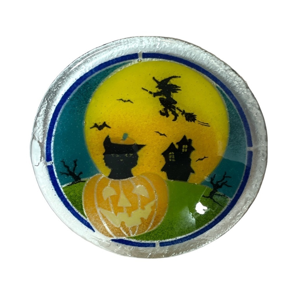 Peggy Karr‎ Glass BOO Plate Halloween Witch Black Cat Pumpkin Box Collectible